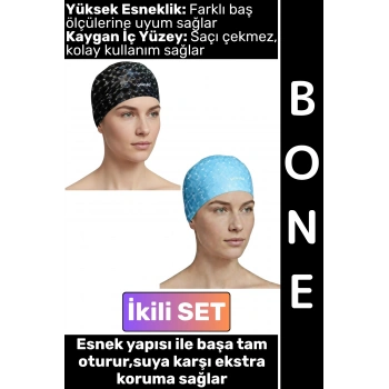 #Bone Konforlu Esnek Yumuşak Havuz Deniz Yüzme Kaygan İç Yüzey Şık Su Geçirmez Saç Bonesi İkili SET