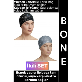 #Bone Konforlu Esnek Yumuşak Havuz Deniz Yüzme Kaygan İç Yüzey Şık Su Geçirmez Saç Bonesi İkili SET