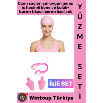 #Bone Esnek Silikon Havuz Deniz Su Geçirmez Büyük Beden Saç Bonesi Kulak Burun Tıkacı Şık Özel Set
