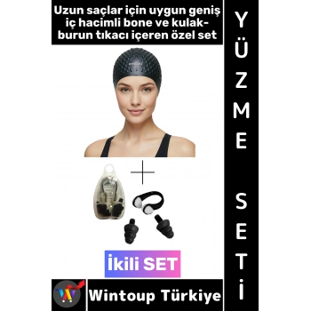 #Bone Esnek Silikon Havuz Deniz Su Geçirmez Büyük Beden Saç Bonesi Kulak Burun Tıkacı Şık Özel Set