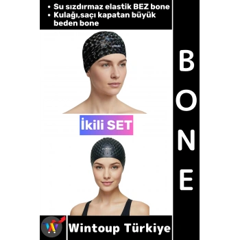 #Bone Esnek Havuz Deniz Su Geçirmez Elastik Bez Kulağa Su Geçirmez Büyük Beden Saç Bonesi İkili Set