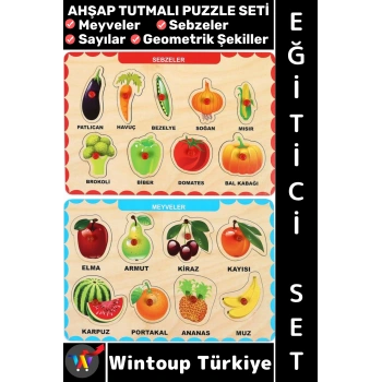 #Puzzle Eğitici Görsel Algı Meyve Sebze Geometrik Şekiller Sayılar Tanıma Ahşap Tutmalı Puzzle Seti