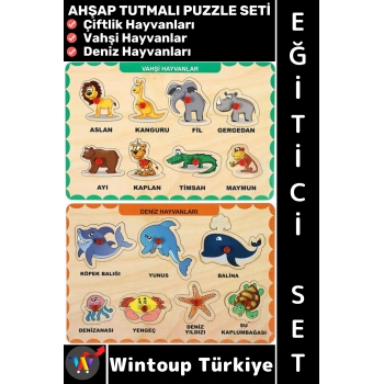 #Puzzle Eğitici Görsel Algı Deniz Çiftlik Vahşi Hayvanları Tanıma Ahşap Tutmalı Çocuk Puzzle Seti