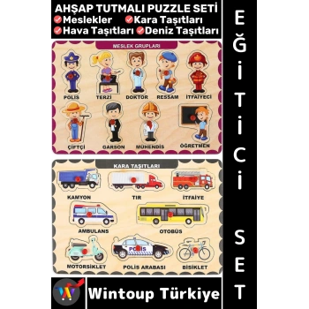 #Puzzle Eğitici Görsel Algı Meslekler Hava Kara Deniz Taşıtları Tanıma Ahşap Tutmalı Puzzle Seti