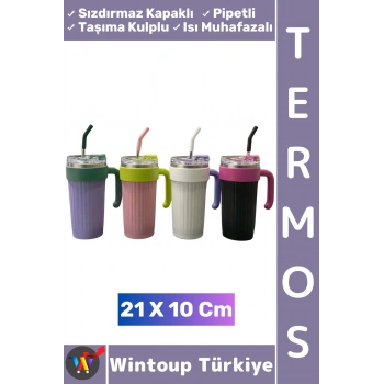 #Termos Kamp Outdoor Piknik Sızdırmaz Kapak Isı Muhafazalı Taşıma Kulp Pipetli Mug Termos 21 X 10 Cm