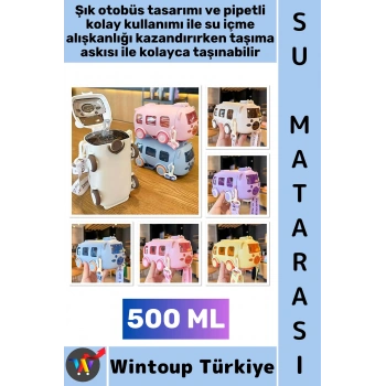 #SuMatarası Ofis Okul Çocuk Su İçme Alışkanlığı Otobüs Tasarımlı Pipetli Askılı Su Matarası 500 ML