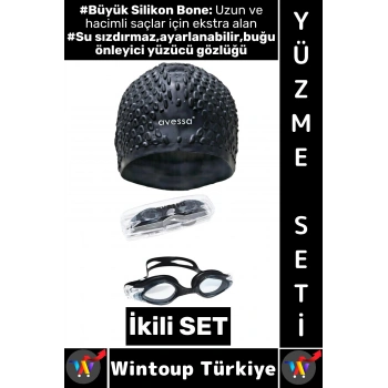 #YüzmeSeti Ayarlanabilir Su Geçirmez Buğu Önleyici Yüzücü Gözlüğü Büyük Beden Silikon Bone İkili Set
