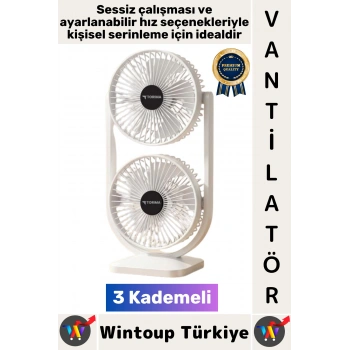#Vantilatör Kompakt Sessiz Çalışma Yoğun Üflemeli 3 Kademeli Şarjlı Masa Üstü Çift Fanlı Vantilatör