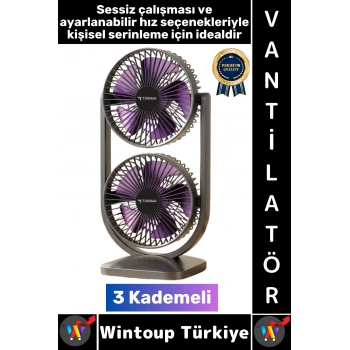 #Vantilatör Kompakt Sessiz Çalışma Yoğun Üflemeli 3 Kademeli Şarjlı Masa Üstü Çift Fanlı Vantilatör