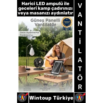 #Vantilatör Kamp Piknik Yoğun Üflemeli Güneş Panelli Şarjlı Ampullü 5 Kademeli Kablosuz Vantilatör