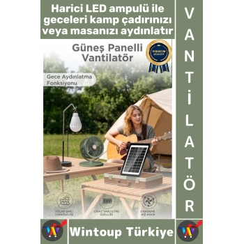 #Vantilatör Kamp Piknik Yoğun Üflemeli Güneş Panelli Şarjlı Ampullü 5 Kademeli Kablosuz Vantilatör