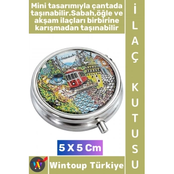 #Hediye Şık Dekoratif 3 Bölmeli Vitamin Hap Tablet İstanbul Temalı İlaç Saklama Kutusu 5 X 5 Cm