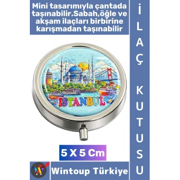 #Premium Hediye Dekoratif 3 Bölmeli Vitamin Hap Tablet İstanbul Temalı İlaç Saklama Kutusu 5 X 5 Cm