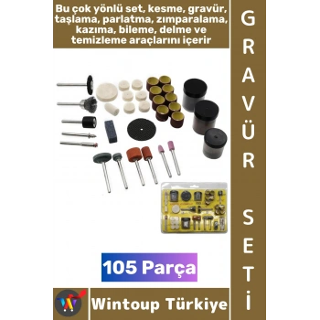 #TaşlamaSeti Matkap Dramel Makine Uyumlu Ahşap Metal Cam Kalıpçı Taşlama Zımparalama Polisaj Fırçalama 105 Parça Gravür Seti