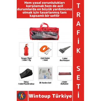 #TrafikSeti Tüvtürk Uyumlu Acil Durum Yangın Tüpü Reflektör Buz Kazıyıcı Takoz Araç Çeki Halatı 38 Parça Tam Kapsamlı Pratik Taşıma Çantalı Trafik İlk Yardım Seti