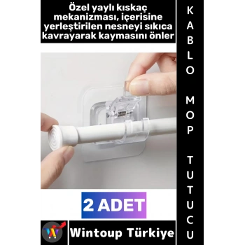 #Askı Kendinden Yapışkanlı Mutfak Banyo Masa Üstü Araç İçi Şeffaf Estetik Çok Amaçlı Yaylı Kıskaçlı Mekanizma Kablo Mop Tutucu 2 Adet