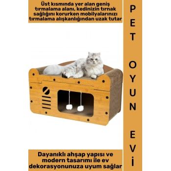 #OyunEvi Evcil Hayvan İlgi Çekici Peluş Toplu Uyku Yuvası Dinlenme Alanı Modern Estetik Ahşap Tek Katlı Tırmalamalı Küçük Irk Köpek Kedi Oyun Evi