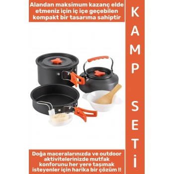 #Kamp Premium Kamp Piknik Dağcılık Outdoor Yemek Pişirme İç İçe Geçebilir Kompakt Isı Yalıtımlı Kolay Temizlenir Servis Kasesi Kepçe Spatula Sünger Tam Dolu Paket Tencere Tava Çaydanlık 3lü Özel Set