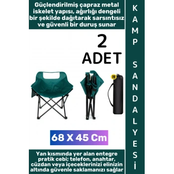 #Kamp Premium Yırtılmaya Suya Dayanıklı Güçlendirilmiş Kamp Outdoor Plaj Bahçe Balkon Piknik Balıkçı Telefon Anahtar Küçük Eşya İçin Cepli Omuz Askılı Çantalı Katlanabilir Kamp Sandalyesi 2 Adet