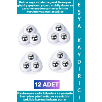 #EşyaKaydırıcı Kendinden Yapışkanlı Sessiz Kayma Mobilya Dostu Tasarım Saklama Kutusu Çöp Kovası Komodin Küçük Eşya Ev Aletleri 360 Derece Dönebilen Bilyeli Eşya Kaydırıcı Seti 12 Adet