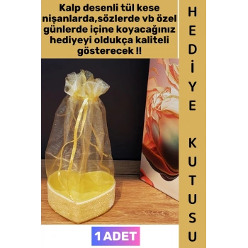 #Hediye Dekoratif Düğün Nişan Söz Kına Eş Nişanlı Sevgililer Günü Hediye Kutusu Çok Şık Simli Kalpli Kutu Gold Tül Kese 1 Adet