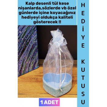 #Hediye Dekoratif Düğün Nişan Söz Kına Eş Nişanlı Sevgililer Günü Hediye Kutusu Çok Şık Simli Kalpli Kutu Mavi Tül Kese 1 Adet