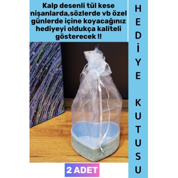#Hediye Dekoratif Düğün Nişan Söz Kına Eş Nişanlı Sevgililer Günü Hediye Kutusu Çok Şık Simli Kalpli Kutu Mavi Tül Kese 2 Adet