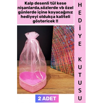 #Hediye Dekoratif Düğün Nişan Söz Kına Eş Nişanlı Sevgililer Günü Hediye Kutusu Çok Şık Simli Kalpli Kutu Pembe Tül Kese 2 Adet