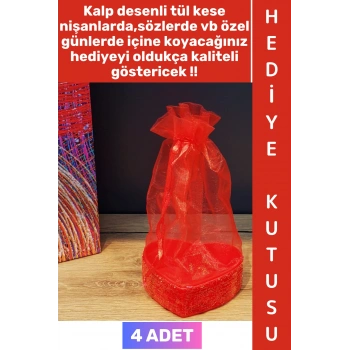 #Hediye Dekoratif Düğün Nişan Söz Kına Eş Nişanlı Sevgililer Günü Hediye Kutusu Çok Şık Simli Kalpli Kutu Kırmızı Tül Kese 4 Adet