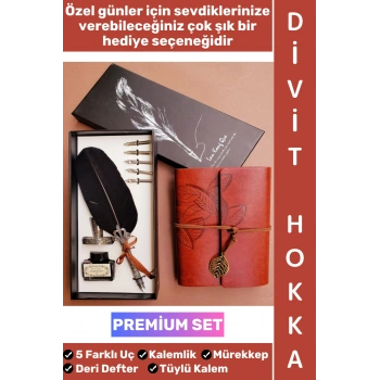 #Hediye Nostaljik Öğretmen Sevgili Eş Nişanlı Arkadaş Babalar Anneler Günü Okul Yıl Sonu Hediyelik Eskitme Deri Defterli Çok Şık Özel Kutulu Mürekkep 5 Farklı Uç Tüylü Kalem Divit Hokka Premium Set
