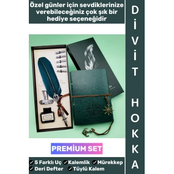 #Hediye Sevgili Eş Nişanlı Arkadaş Okul Yıl Sonu Babalar Anneler Öğretmenler Günü Nostaljik Hediyelik Eskitme Deri Defterli Çok Şık Kutulu Mürekkep 5 Farklı Uç Tüylü Kalem Divit Hokka Özel Premium Set