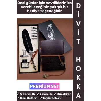 #Hediye Dekoratif Sevgili Eş Nişanlı Arkadaş Babalar Anneler Öğretmenler Günü Okul Hediyelik Nostaljik Eskitme Deri Defterli Şık Özel Kutulu Mürekkep 5 Farklı Uç Tüylü Kalem Divit Hokka Premium Set