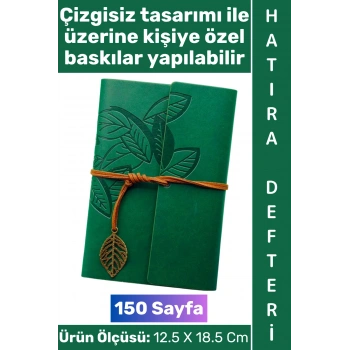 #Defter Okul Ofis Günlük Not Ajanda Hatıra Anı Tutma Eş Sevgili Anneler Babalar Öğretmenler Günü Çok Şık Dekoratif Hediyelik Yaprak Tasarımlı Çizgisiz Yeşil Deri Defter