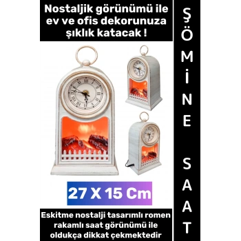 #LedAydınlatma Dekoratif Ev Ofis Hediyelik Klasik Romen Rakamı Saat Tasarımı Nostaljik Retro Modern Estetik Çok Şık Eskitme Görünümlü Led Işıklı Alev Efektli Şömine 27 X 15 Cm