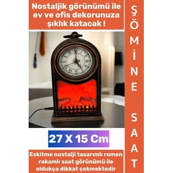 #LedAydınlatma Dekoratif Ev Ofis Hediyelik Klasik Romen Rakamı Saat Tasarımı Nostaljik Retro Çok Şık Modern Estetik Eskitme Görünümlü Led Işıklı Alev Efektli Şömine 27 X 15 Cm