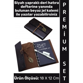 #Defter Okul Ders Ofis Günlük Not Ajanda Hatıra Anı Tutma Eş Sevgili Anneler Babalar Öğretmenler Günü Çok Şık Dekoratif Hediyelik Siyah Yapraklı Beyaz Jel Yazı Kalemli Deri Defter Özel Set