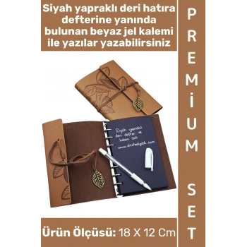 #Defter Okul Ders Ofis Günlük Not Ajanda Hatıra Anı Tutma Eş Sevgili Anneler Babalar Öğretmenler Günü Dekoratif Çok Şık Hediyelik Siyah Yapraklı Beyaz Jel Yazı Kalemli Deri Defter Premium Set