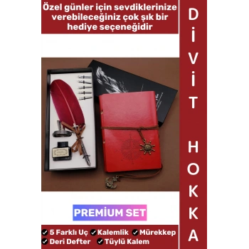 #Hediye Nişanlı Sevgili Eş Arkadaş Babalar Anneler Öğretmenler Günü Okul Yıl Sonu Dekoratif Hediyelik Eskitme Deri Defterli Çok Şık Özel Kutulu Mürekkep 5 Farklı Uç Tüylü Kalem Divit Hokka Premium Set