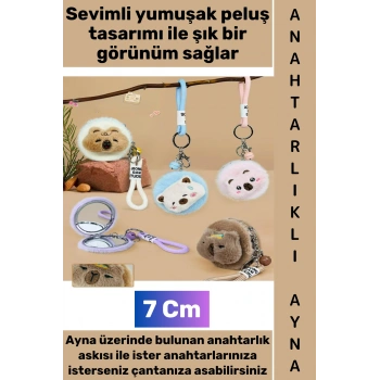 #Ayna Dekoratif Hediyelik Günlük Makyaj Bakım Düzenleme Kontrol Mini Çantaya Takılabilir Cep Boy Yumuşak Çok Şık Sevimli Hayvan Tasarımlı Peluş Anahtarlıklı Ayna 7 Cm