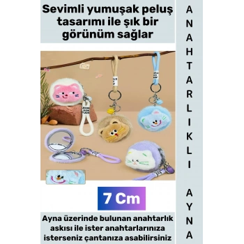 #Ayna Dekoratif Hediyelik Günlük Makyaj Bakım Düzenleme Kontrol Mini Çantaya Takılabilir Cep Boy Yumuşak Çok Şık Sevimli Peluş Hayvan Tasarımlı Anahtarlıklı Ayna 7 Cm