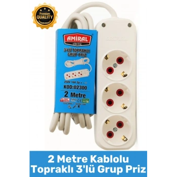 #Priz Premium Hafif Taşınabilir Ev Ofis Atölye Bilgisayar Elektronik Pratik Hızlı Bağlantı Elektrik Kaçaklarına Karşı Güvenli Topraklı 2 Metre Kablolu 3lü Grup Priz