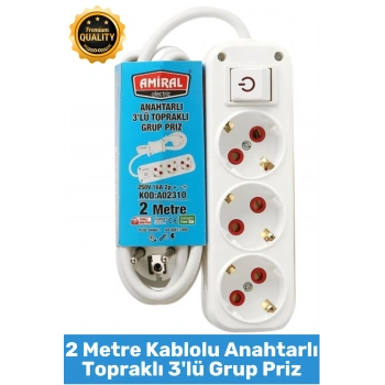 #Priz Premium Hafif Taşınabilir Ev Ofis Atölye Bilgisayar Elektronik Pratik Hızlı Bağlantı Elektrik Kaçaklarına Karşı Güvenli Topraklı Anahtarlı 2 Metre Kablolu 3lü Grup Priz