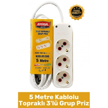#Priz Premium Hafif Taşınabilir Ev Ofis Atölye Bilgisayar Elektronik Pratik Hızlı Bağlantı Elektrik Kaçaklarına Karşı Güvenli Topraklı 5 Metre Kablolu 3lü Grup Priz
