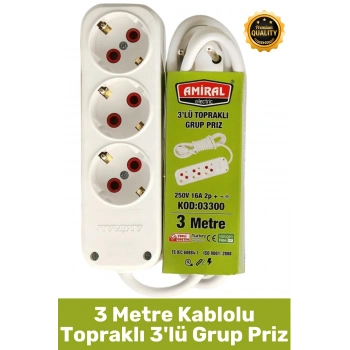 #Priz Premium Hafif Taşınabilir Ev Ofis Atölye Bilgisayar Elektronik Pratik Hızlı Bağlantı Elektrik Kaçaklarına Karşı Güvenli Topraklı 3 Metre Kablolu 3lü Grup Priz