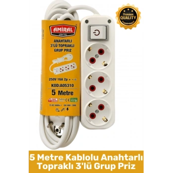 #Priz Premium Hafif Taşınabilir Ev Ofis Atölye Bilgisayar Elektronik Pratik Hızlı Bağlantı Elektrik Kaçaklarına Karşı Güvenli Topraklı Anahtarlı 5 Metre Kablolu 3lü Grup Priz