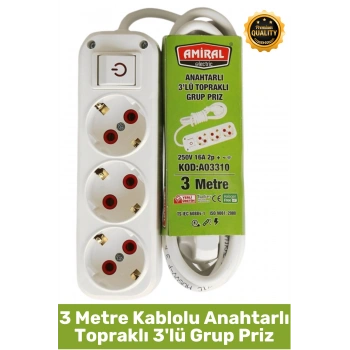 #Priz Premium Hafif Taşınabilir Ev Ofis Atölye Bilgisayar Elektronik Pratik Hızlı Bağlantı Elektrik Kaçaklarına Karşı Güvenli Topraklı Anahtarlı 3 Metre Kablolu 3lü Grup Priz