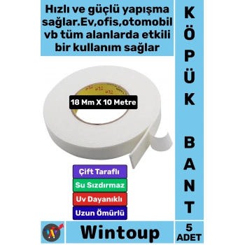 #Bant Profesyonel İç Mekan Süper Güçlü Yapışkan Metal Plastik Duvar Ahşap Boru Araç İçi Vidaya Alternatif Çok Yönlü Kullanım 18 Mm X 10 Metre Çift Taraflı Köpük Bant 5 Adet