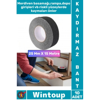 #Bant Profesyonel Ultra Güçlü Yapışkan Isg Iş Yeri Ev Depo Atölye Rampa Kaygan Zemin Merdiven Kayma Önleyici Koruyucu 25 Mm x 15 Metre Siyah Kaydırmaz Bant 10 Adet