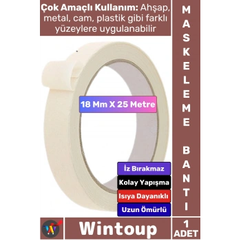 #Bant İz Bırakmaz Isıya Dayanıklı İnce Krep Kağıt Kolay Yapışma Sökülebilme Elle Yırtılabilen Ahşap Metal Cam Plastik Otomotiv Boya Badana 18 Mm X 25 Metre Maskeleme Bantı 1 Adet