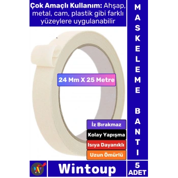 #Bant İz Bırakmaz Isıya Dayanıklı İnce Krep Kağıt Kolay Yapışma Sökülebilme Elle Yırtılabilen Ahşap Metal Cam Plastik Otomotiv Boya Badana 24 Mm X 25 Metre Maskeleme Bantı 5 Adet